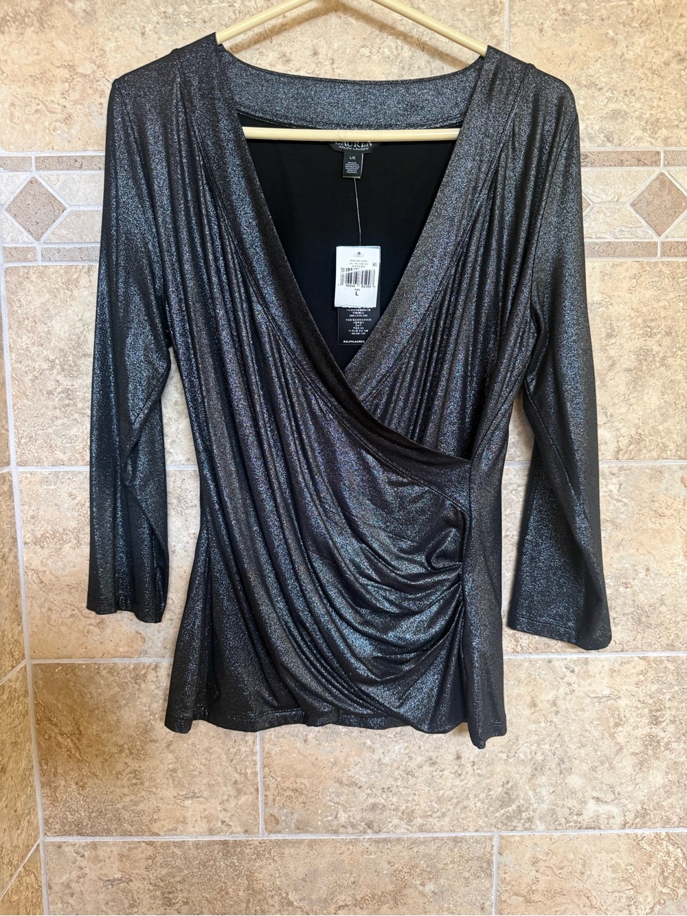 Lauren Ralph Lauren Metallic Black Wrap-Front Blouse